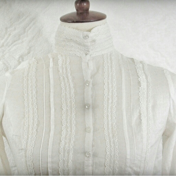 LOFT High Neck Lace Pleated Button Down - Picture 2 of 7